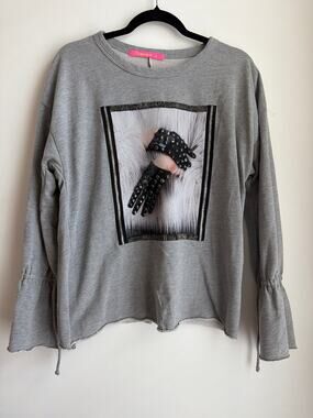 Dqmane Gray Graphic Sweatshirt Women's Large Rhinestone Graphic Bell Sleeve Top
